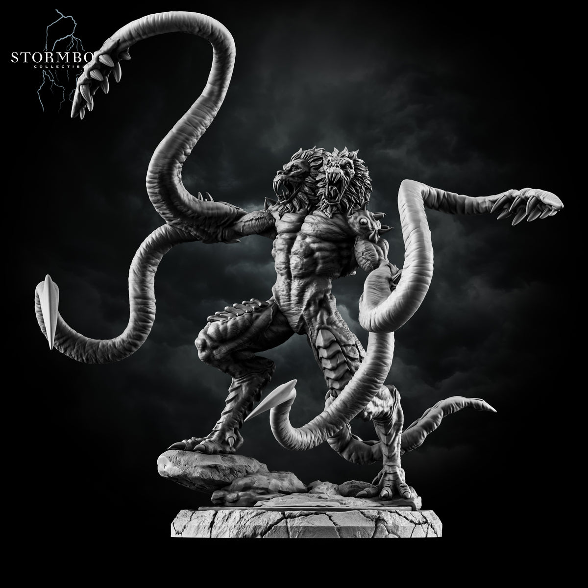 Hero front view of the Demogorgon Prince of Demons resin miniature with twin baboon-like heads and tentacle arms by Stormborn Collectibles.