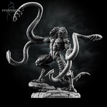 Hero front view of the Demogorgon Prince of Demons resin miniature with twin baboon-like heads and tentacle arms by Stormborn Collectibles.