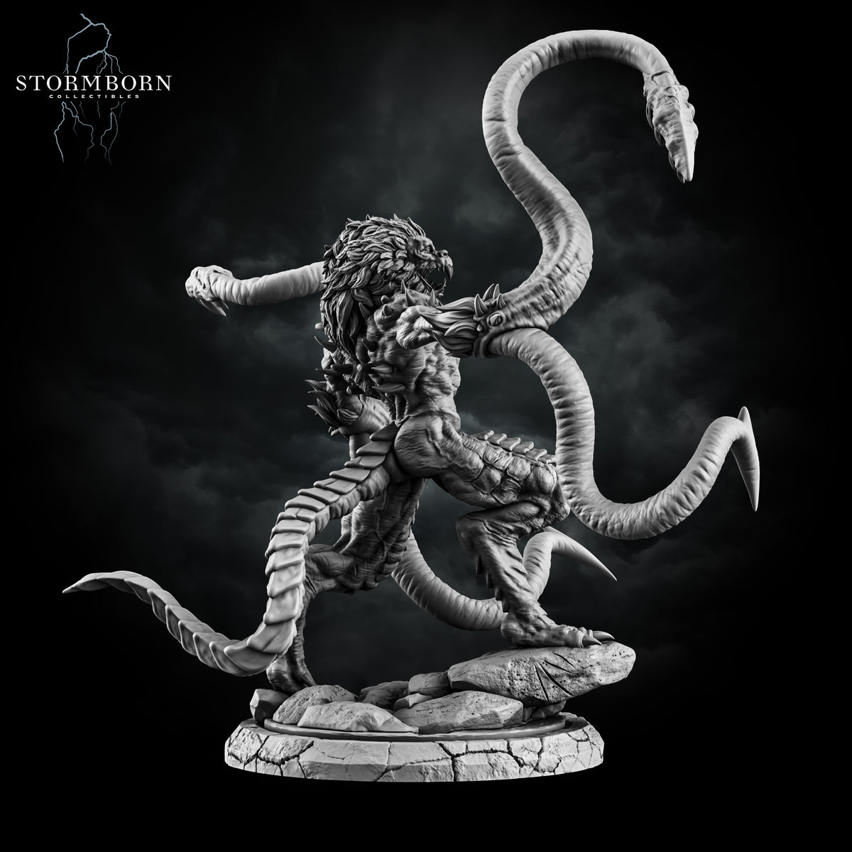 Three-quarter angle of the Huge Demogorgon displaying muscle detail and coiled tails by Stormborn Collectibles.