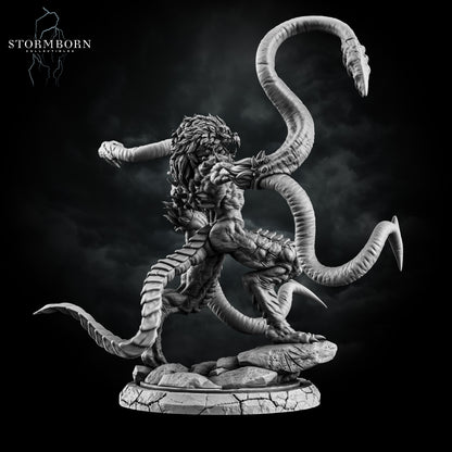 Three-quarter angle of the Huge Demogorgon displaying muscle detail and coiled tails by Stormborn Collectibles.