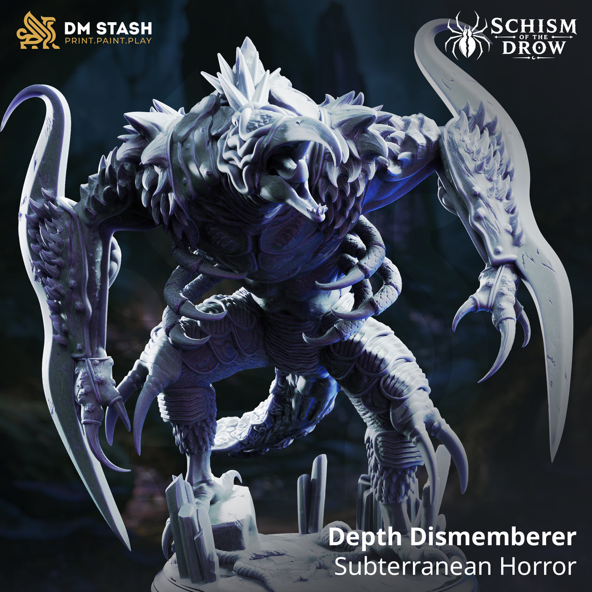Depth Dismemberer Aberrated Hook Horror with four scythe-shaped limbs, armored carapace, open maw, and subterranean scenic base
