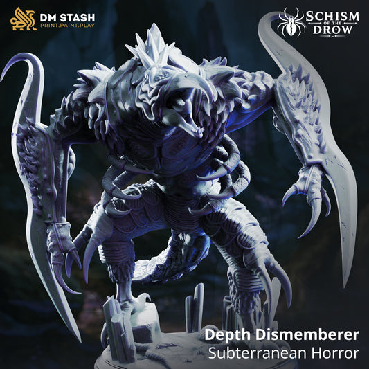Depth Dismemberer Aberrated Hook Horror with four scythe-shaped limbs, armored carapace, open maw, and subterranean scenic base