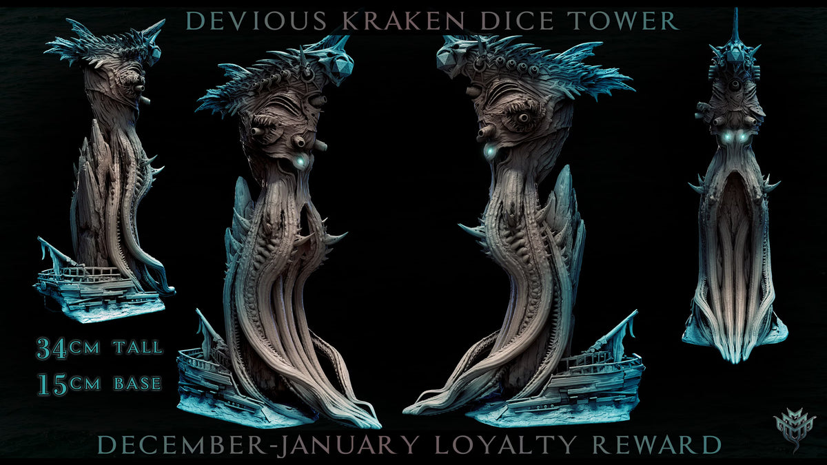 Devious Kraken Dice Tower shown from multiple angles with a towering tentacled body, shipwreck base, and 34cm height and 15cm base dimensions.