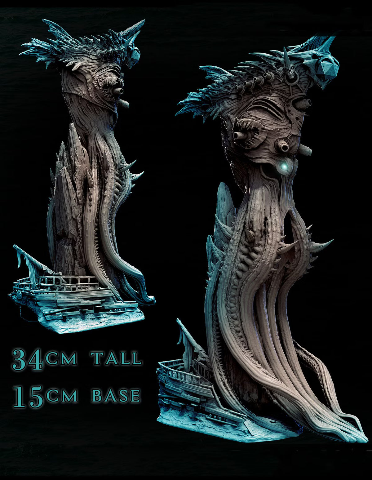 Front and side views of the Devious Kraken Dice Tower showing its elongated tentacles, textured sea-creature body, spikes, and broken ship details.