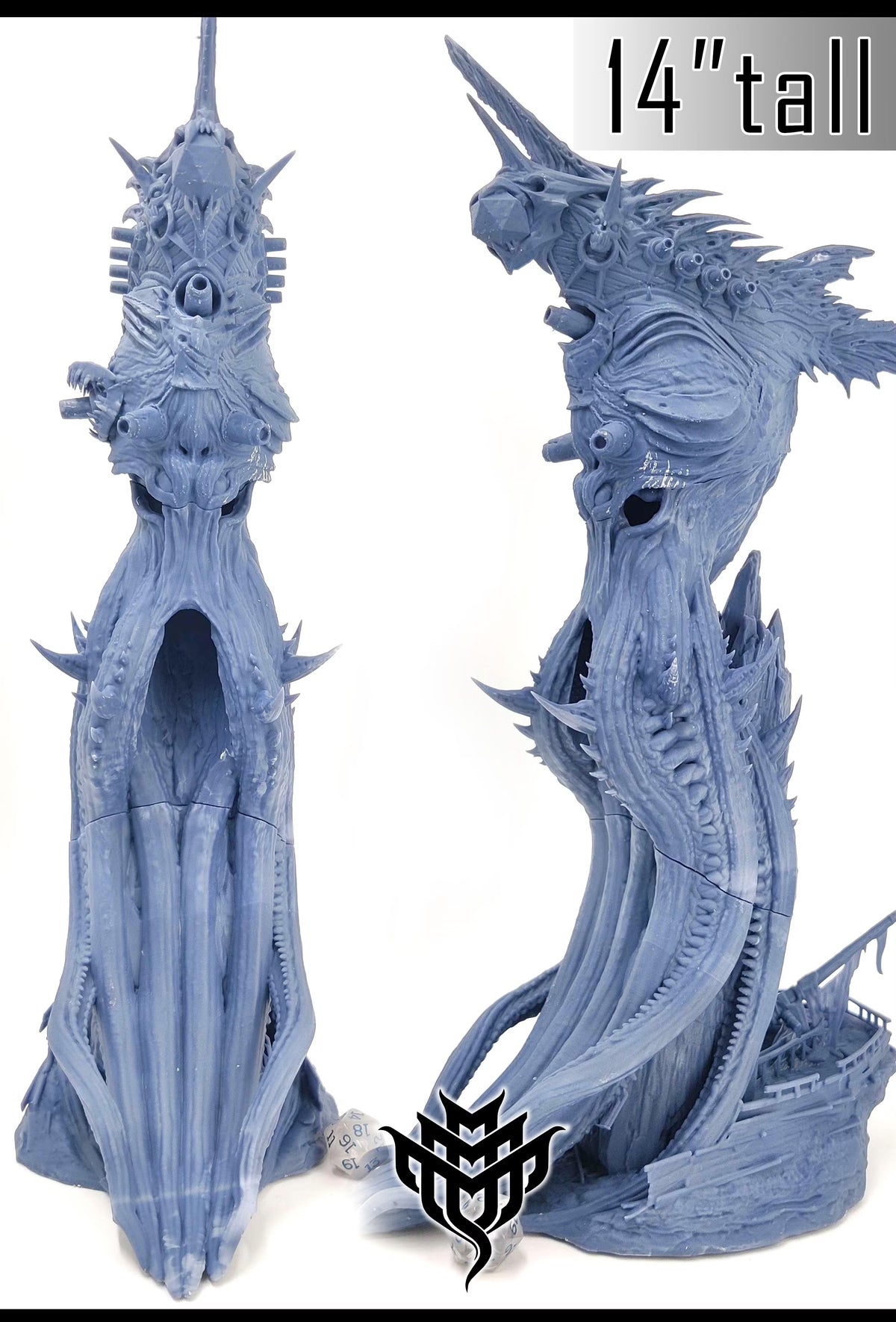 Unpainted resin Devious Kraken Dice Tower shown from front and side with a roughly 14-inch height and detailed shipwreck base.