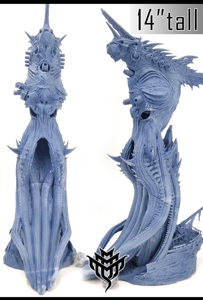 Unpainted resin Devious Kraken Dice Tower shown from front and side with a roughly 14-inch height and detailed shipwreck base.