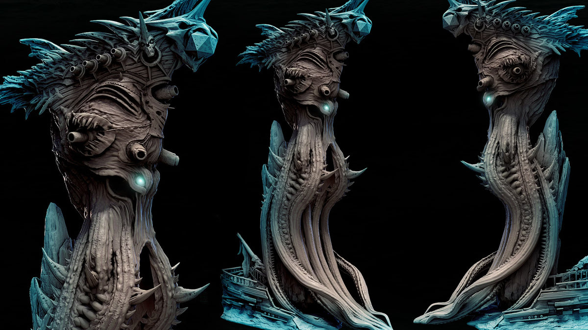 Multiple views of the Devious Kraken Dice Tower highlighting the creature's textured head, long tentacles, spikes, and shipwreck-themed base.