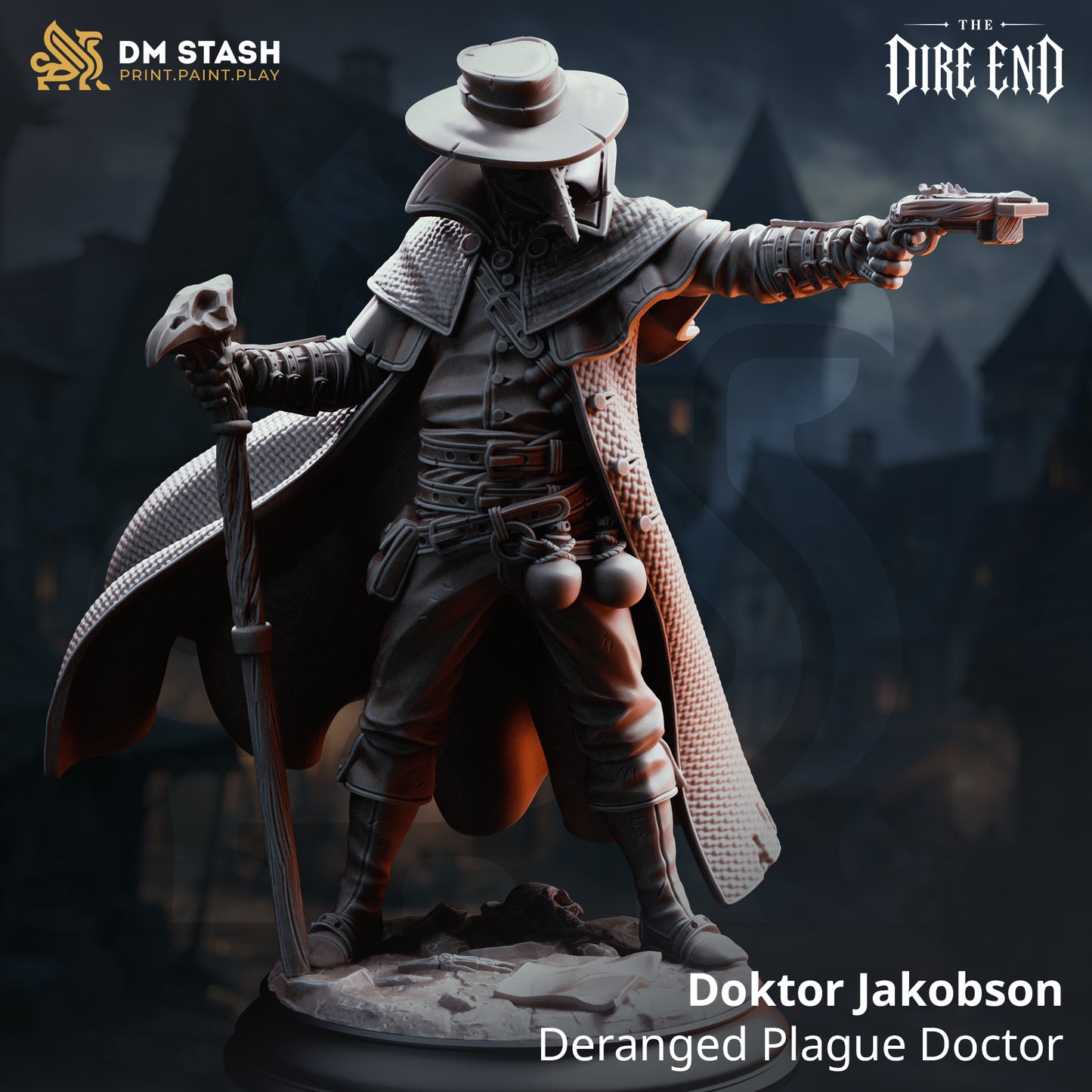 A 3D-rendered dark fantasy resin miniature titled "Doktor Jakobson - Deranged Plague Doctor" from DM Stash. The figure wears a classic long beaked plague mask, a wide-brimmed hat, and a textured heavy coat. He holds a crow-skull cane in his right hand and points a pistol forward with his left arm while standing on a cobblestone base.