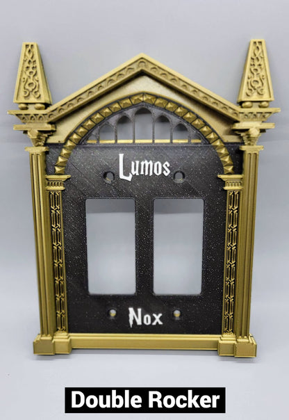 Double rocker wizard light switch cover with custom magical wall plate design. Shown in Bronze Frame, Sparkle Black Plate, and White Lettering