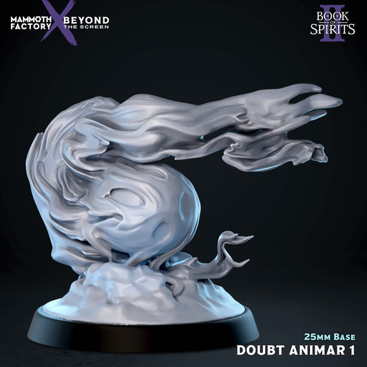 Front view render of Doubt Animar 1, an unpainted gray resin miniature depicting a swirling sphere of negative energy trailing outward into aggressive wisps of smoke, standing on a rocky base.