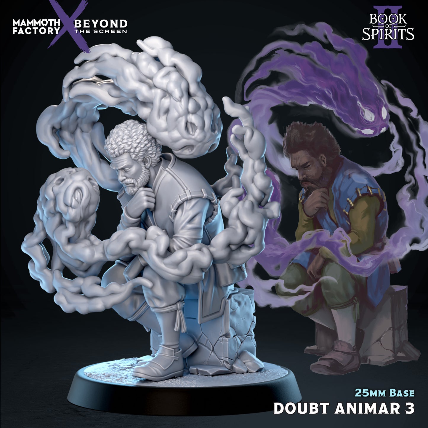 Front view render of Doubt Animar 3, featuring a worried humanoid man with curly hair and a beard sitting on a stone block, enveloped by heavy, twisting clouds of a psychological nightmare entity.