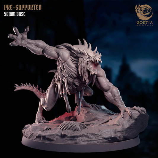 Dragonspawn 50mm resin monstrosity miniature by Goetia Miniatures for TTRPG boss fights and dark fantasy monster encounters.