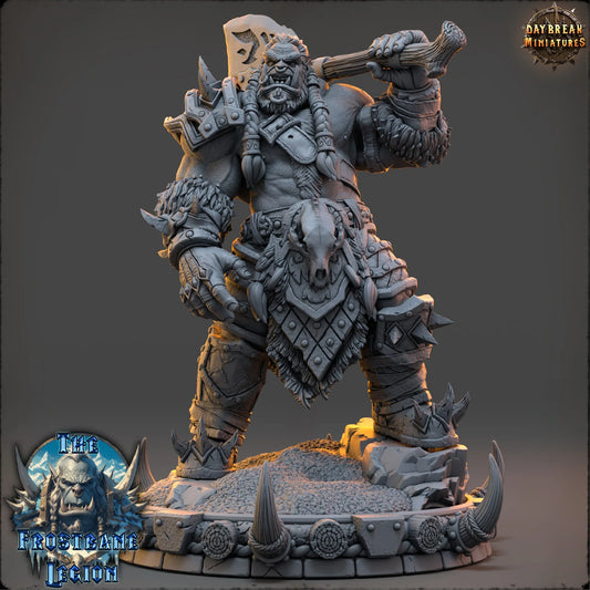 Draumir the Frostborn Orc Fighter in heavy armor carrying a massive axe across his shoulder.