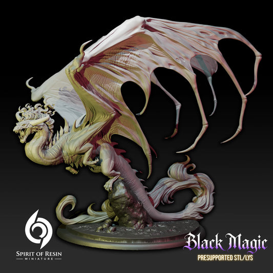 Drazhakar Vampire Dragon posed with enormous skeletal wings spread above a rocky scenic base.
