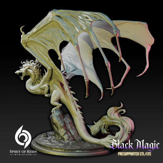 Rear three-quarter view of Drazhakar Vampire Dragon showing the elongated body, skeletal wing structure, flowing tail, and rocky base.