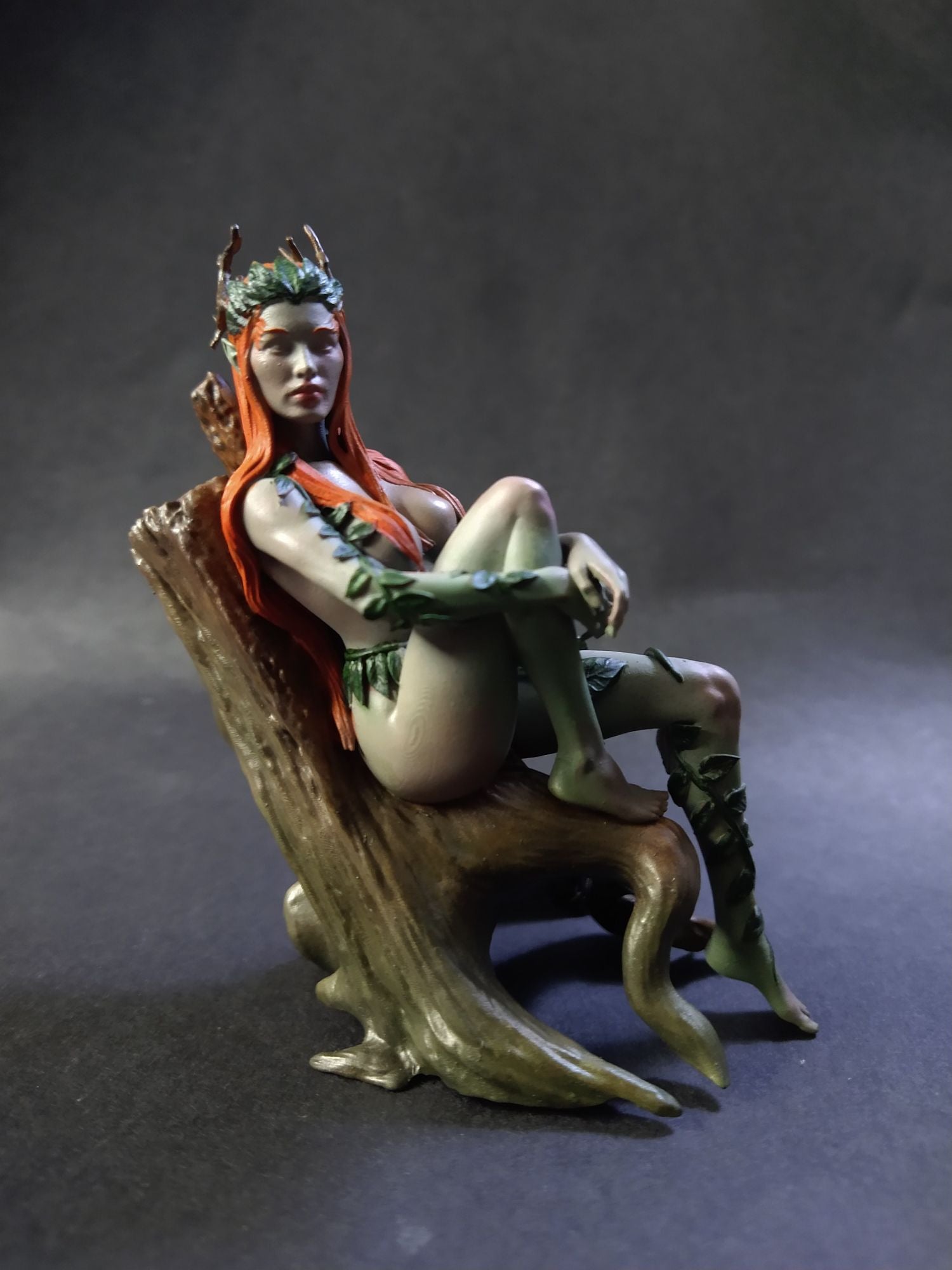 Eva, Dryad of the Emerald Grove forest spirit resin figure seated on tree roots fantasy display statue