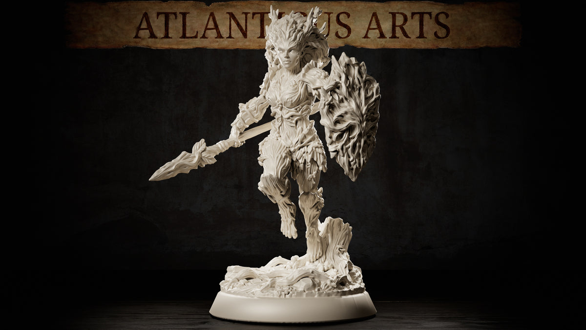 Full-body Dryad Warrior fantasy miniature carrying a spear and carved wooden shield with layered bark armor and rooted woodland base.