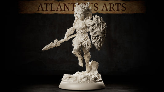Full-body Dryad Warrior fantasy miniature carrying a spear and carved wooden shield with layered bark armor and rooted woodland base.