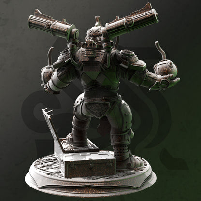 Duktuk Dwarven Grenadier resin miniature in heavy armor with explosive canisters