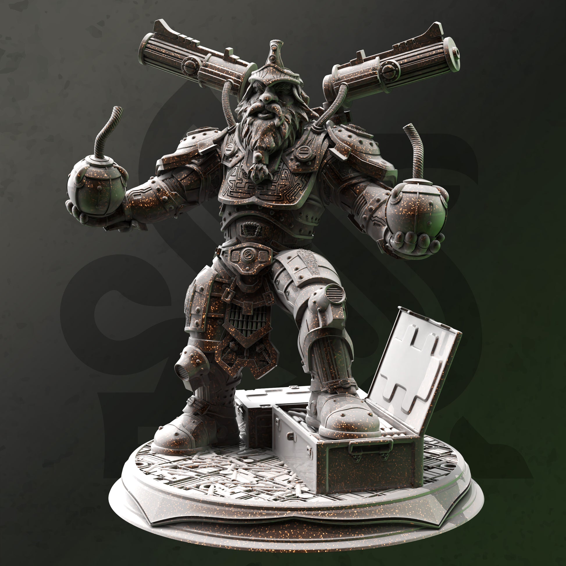 Duktuk Dwarven Grenadier resin miniature in heavy armor with explosive canisters