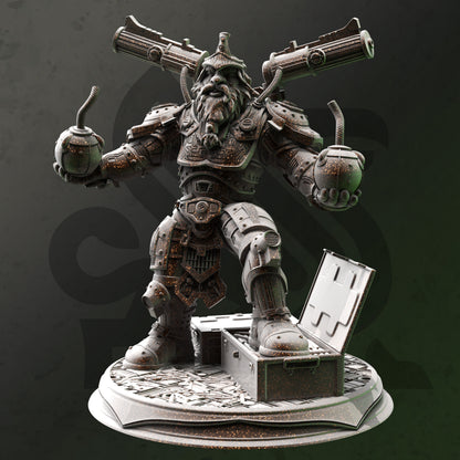 Duktuk Dwarven Grenadier resin miniature in heavy armor with explosive canisters