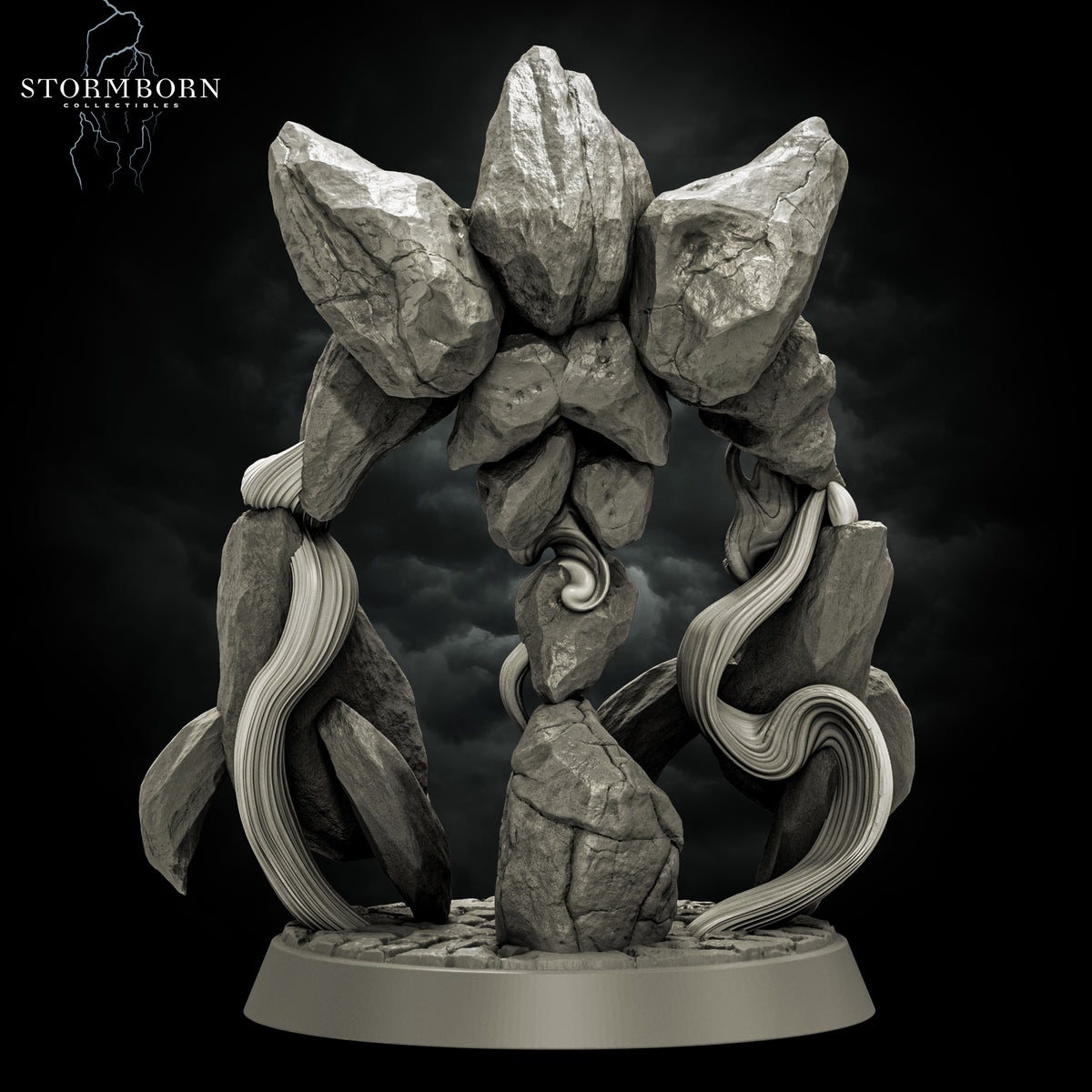 Rear view of the Earth Elemental of Dusk resin miniature showing rear boulder formations and winding magic tendrils by Stormborn Collectibles.