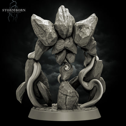 Rear view of the Earth Elemental of Dusk resin miniature showing rear boulder formations and winding magic tendrils by Stormborn Collectibles.