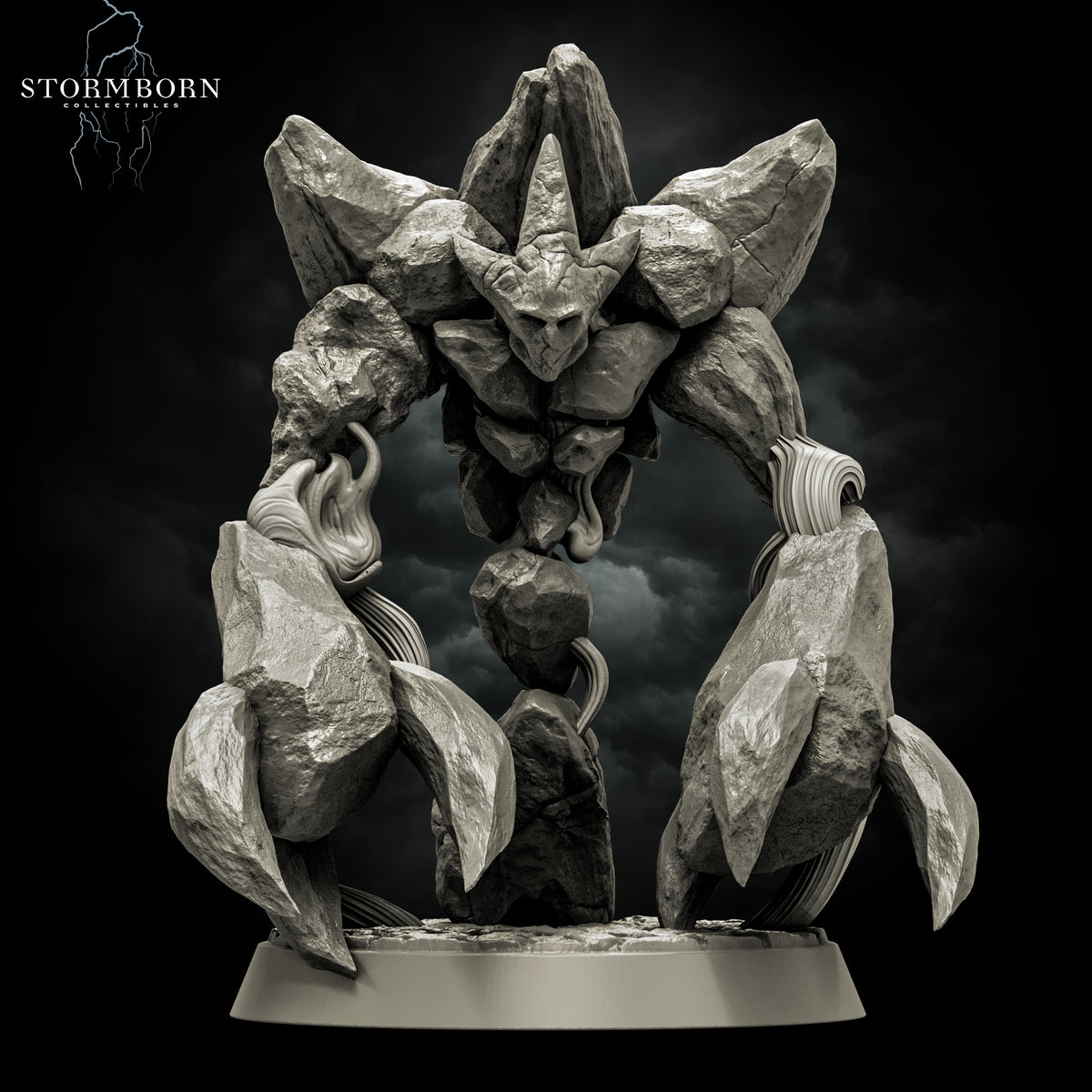 Front render view of the Earth Elemental of Dusk resin miniature showing massive rock pincer fists and a pointed stone face by Stormborn Collectibles.
