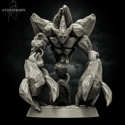 Front render view of the Earth Elemental of Dusk resin miniature showing massive rock pincer fists and a pointed stone face by Stormborn Collectibles.