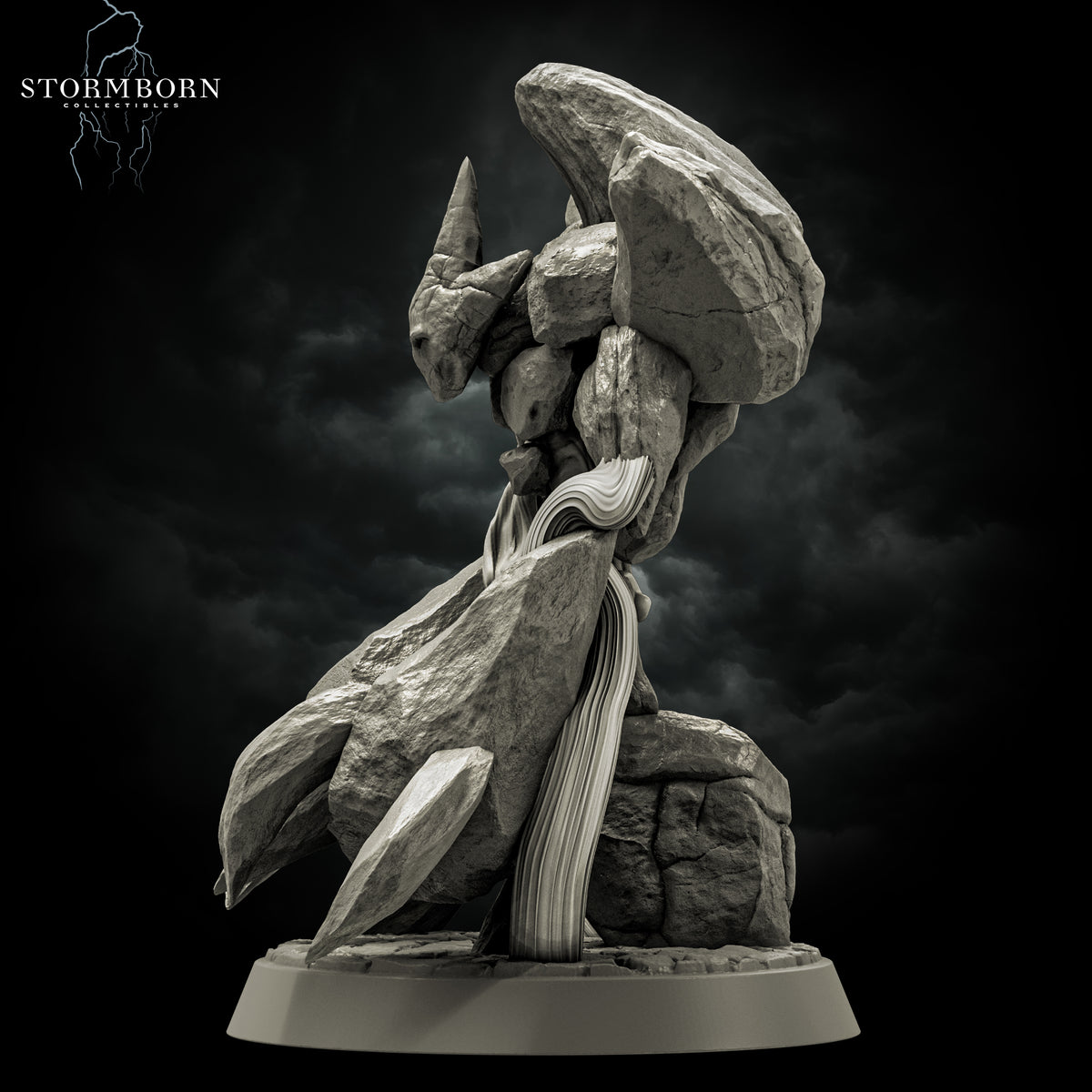 Left profile view of the Earth Elemental of Dusk resin miniature showcasing the flowing elemental tendrils and stone back structures by Stormborn Collectibles.