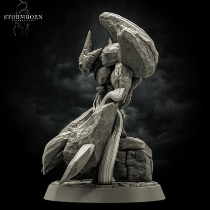 Left profile view of the Earth Elemental of Dusk resin miniature showcasing the flowing elemental tendrils and stone back structures by Stormborn Collectibles.