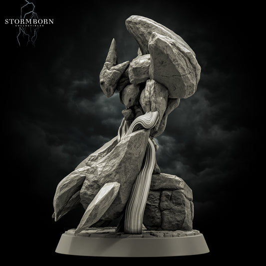 Left profile view of the Earth Elemental of Dusk resin miniature showcasing the flowing elemental tendrils and stone back structures by Stormborn Collectibles.