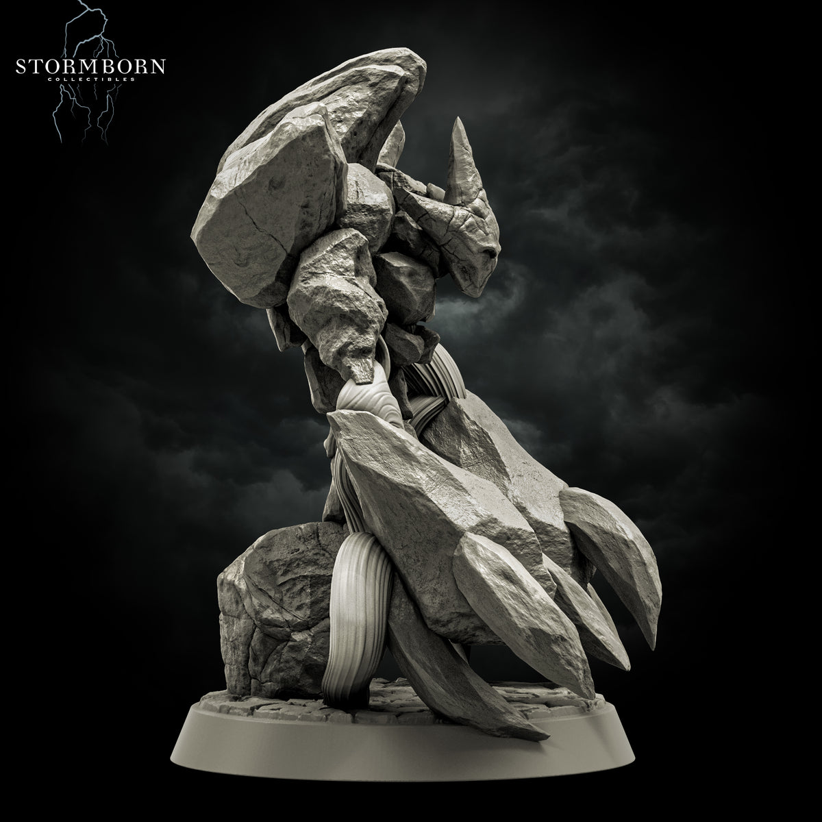 Right side profile of the Earth Elemental of Dusk resin miniature highlighting the heavy boulder claw and base rocks by Stormborn Collectibles.
