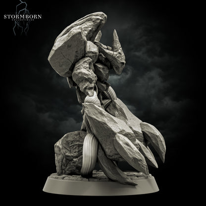 Right side profile of the Earth Elemental of Dusk resin miniature highlighting the heavy boulder claw and base rocks by Stormborn Collectibles.