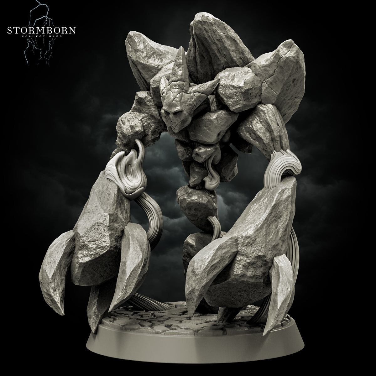 Dynamic three-quarter angle of the Earth Elemental of Dusk standing on a cobblestone scenic base by Stormborn Collectibles.
