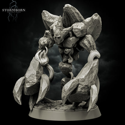Dynamic three-quarter angle of the Earth Elemental of Dusk standing on a cobblestone scenic base by Stormborn Collectibles.