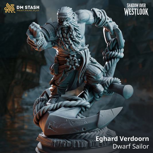 Eghard Verdoorn dwarf sailor miniature posed atop a large anchor wrapped in rope with one fist thrust forward.