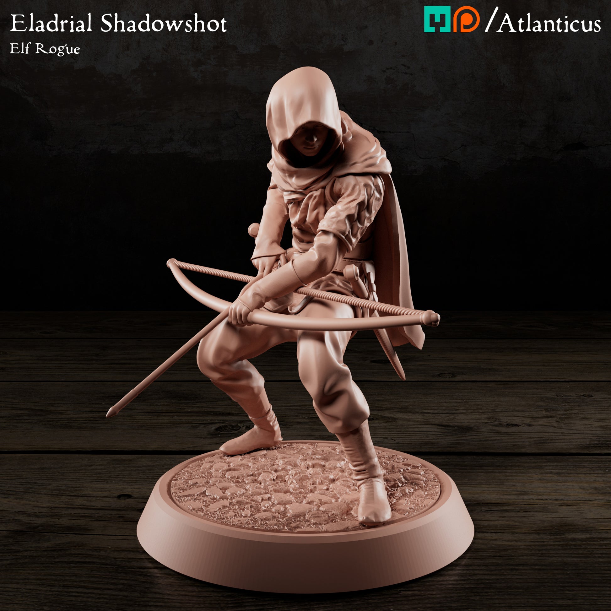 Front-left three-quarter view of the unpainted elf archer miniature showcasing the detailed leather wrapping on his forearms and the texture of his hood.