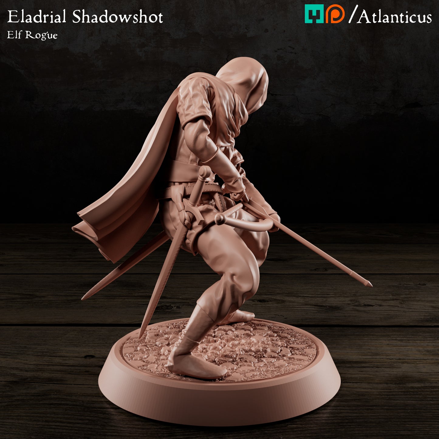 Right profile render of the unpainted Eladrial Shadowshot miniature highlighting the sleek profile of the longbow and the twin daggers on his hip.