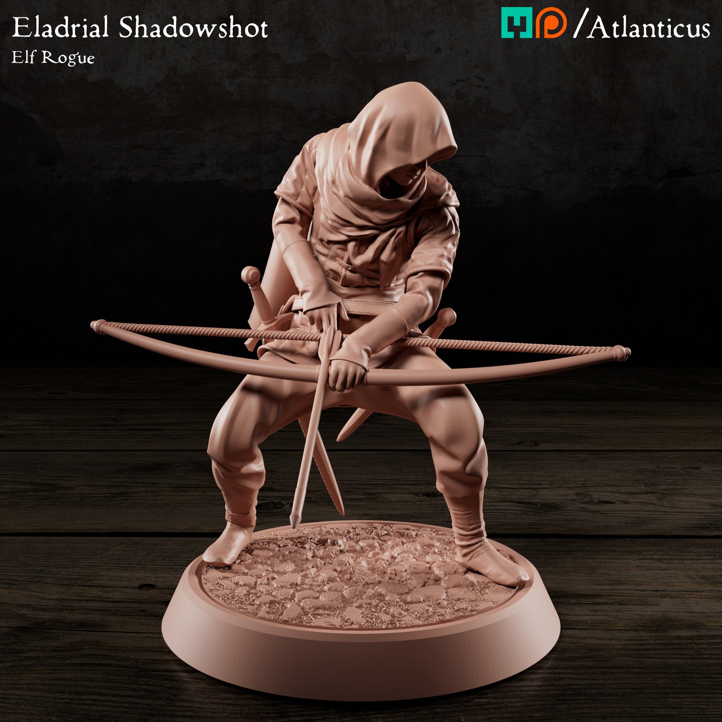 Front render view of unpainted resin Eladrial Shadowshot female elf rogue miniature crouching low to draw a longbow on a custom cobblestone base.