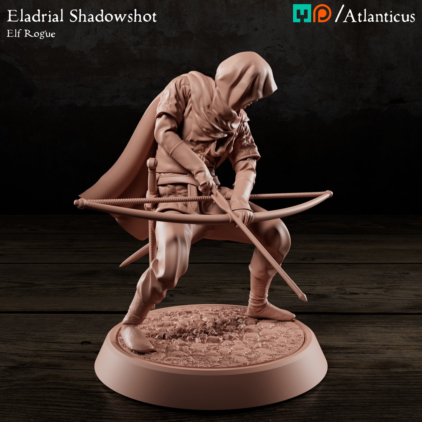 Front-right three-quarter angle of Eladrial Shadowshot showcasing her crouched combat pose, sheathed daggers, and athletic stance.