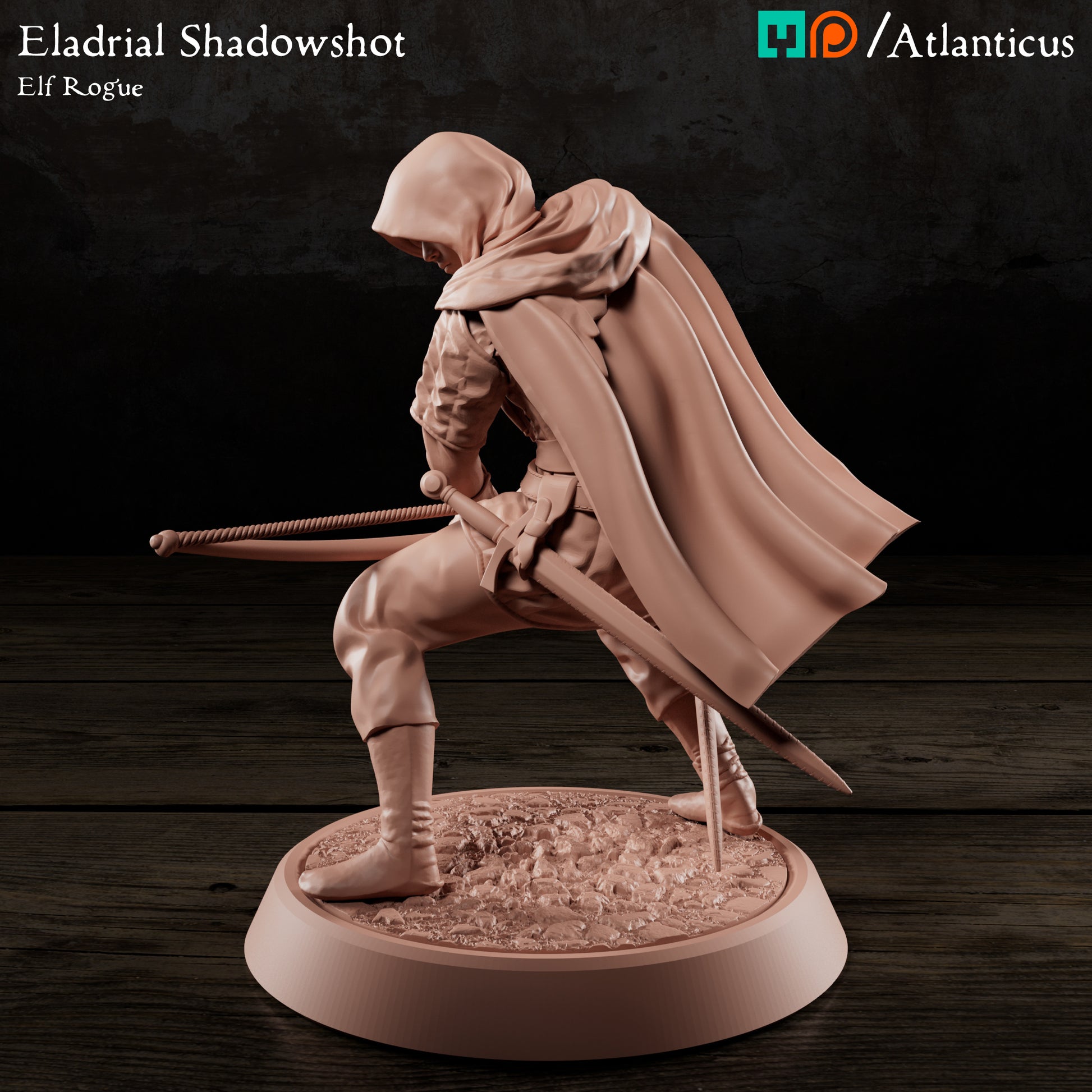 Rear-left angle of the elf rogue model highlighting the dynamic sweep of his cloak and the low-profile stance on the cobblestone display base.