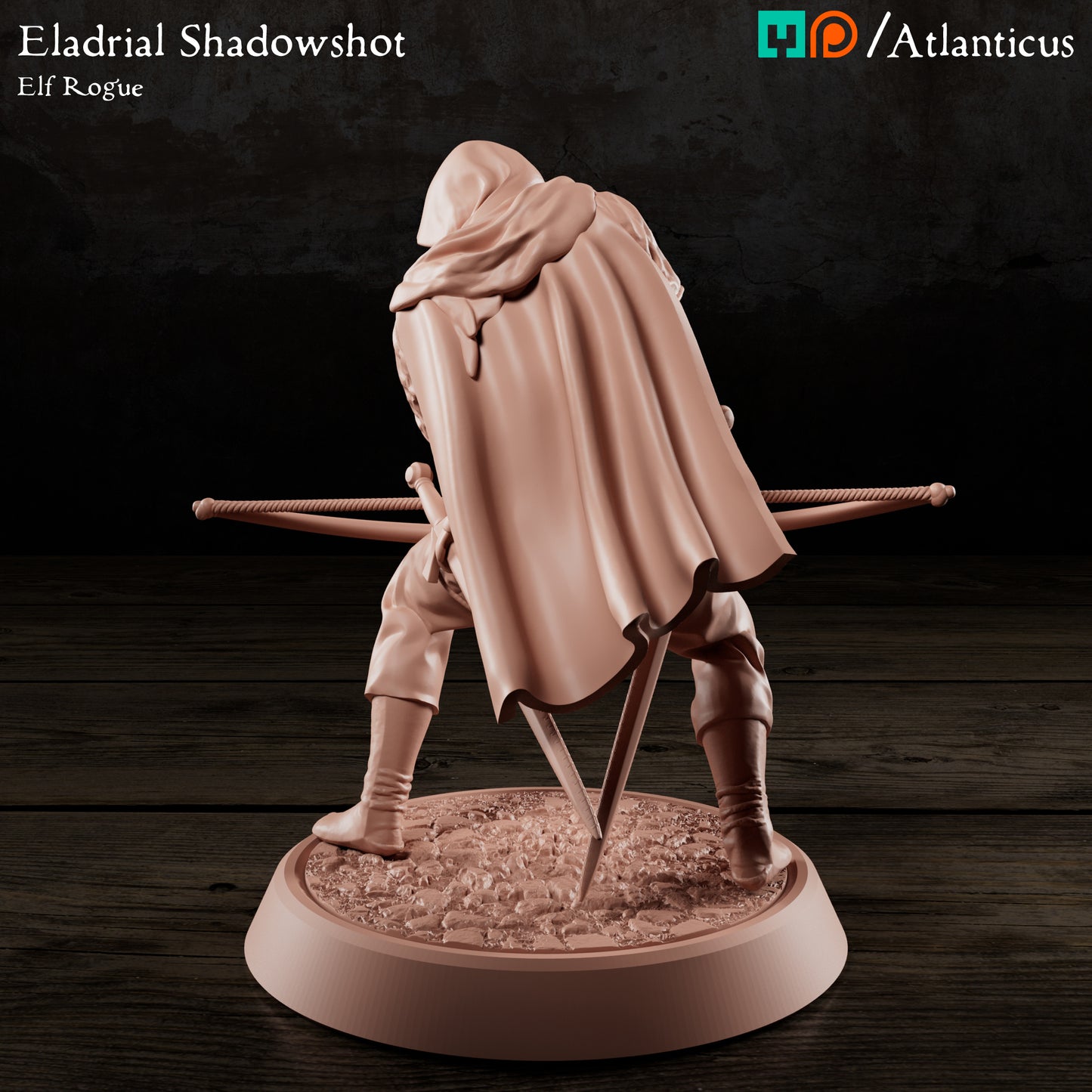 Rear render view of the unpainted resin Eladrial Shadowshot miniature displaying the full draping and texture of his flowing hooded cape.