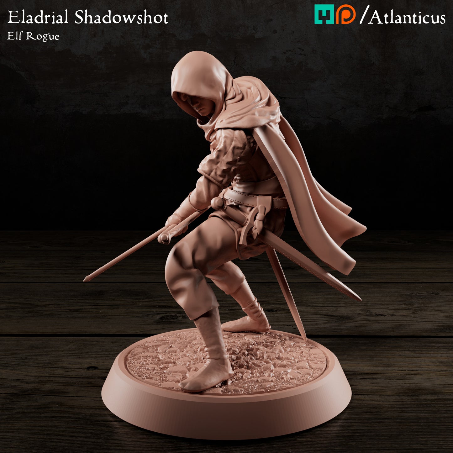 Left profile render of Eladrial Shadowshot focusing on his focused aiming posture, leather boots, and the sweeping motion of his cape.