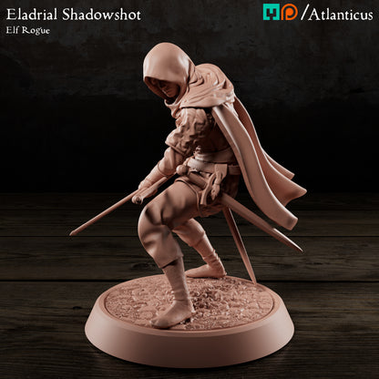 Left profile render of Eladrial Shadowshot focusing on his focused aiming posture, leather boots, and the sweeping motion of his cape.
