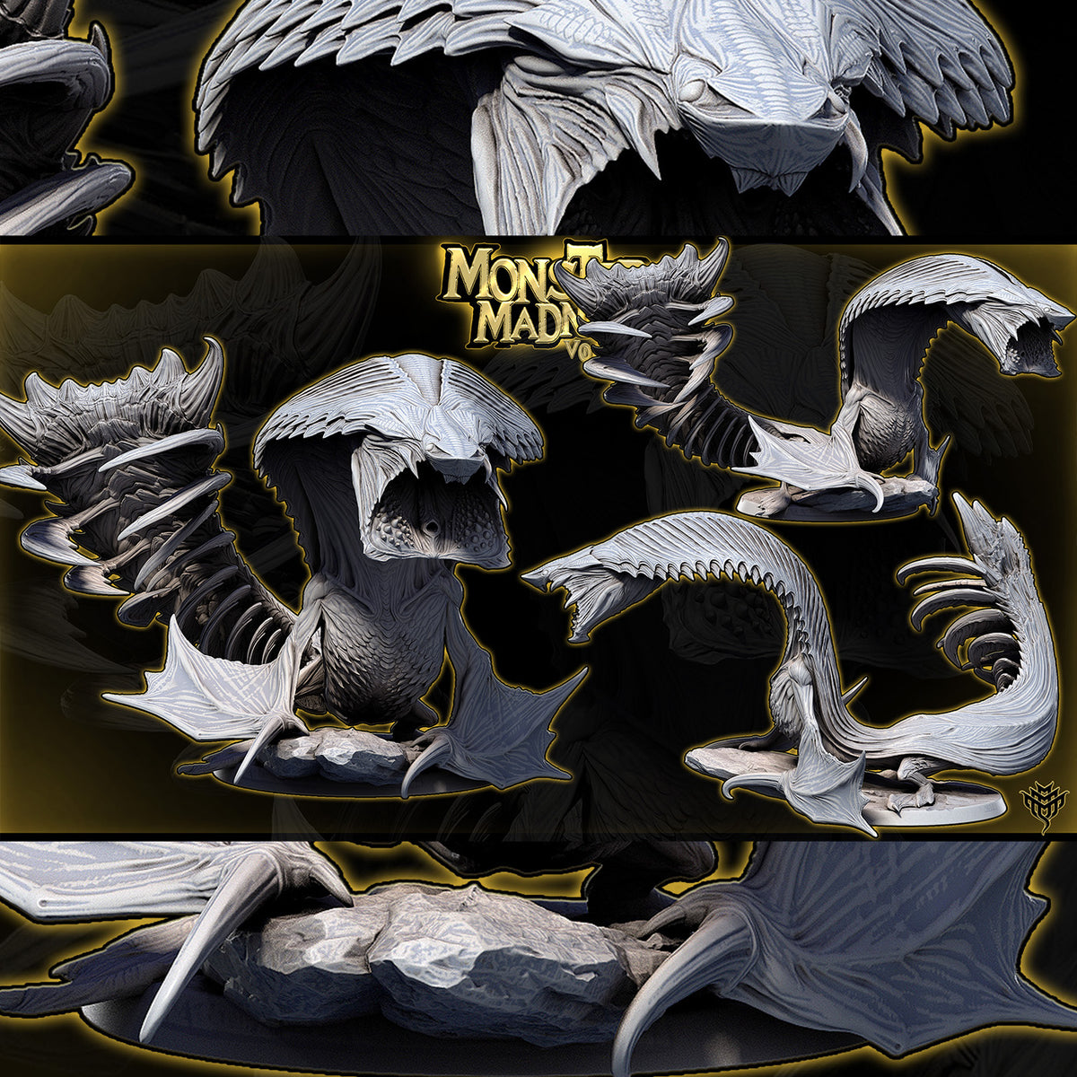 Gray resin renders of Elder Sky Serpent Pose 1 showcasing its open jaw and coiled body on a 50mm base.