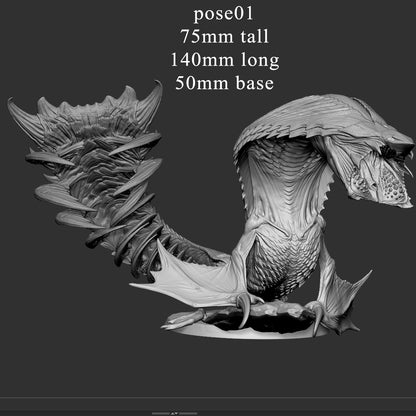Dimension render for Elder Sky Serpent Pose 1 measuring 75mm tall and 140mm long on a 50mm base.
