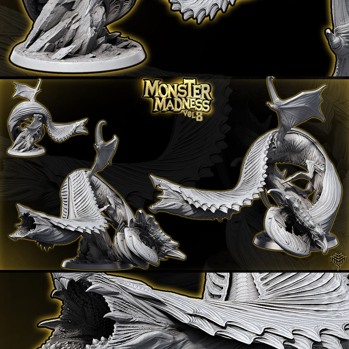 Gray resin renders of Elder Sky Serpent Pose 2 displaying a winding body stance on a 50mm base.