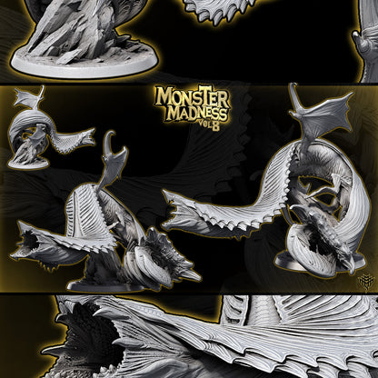 Gray resin renders of Elder Sky Serpent Pose 2 displaying a winding body stance on a 50mm base.
