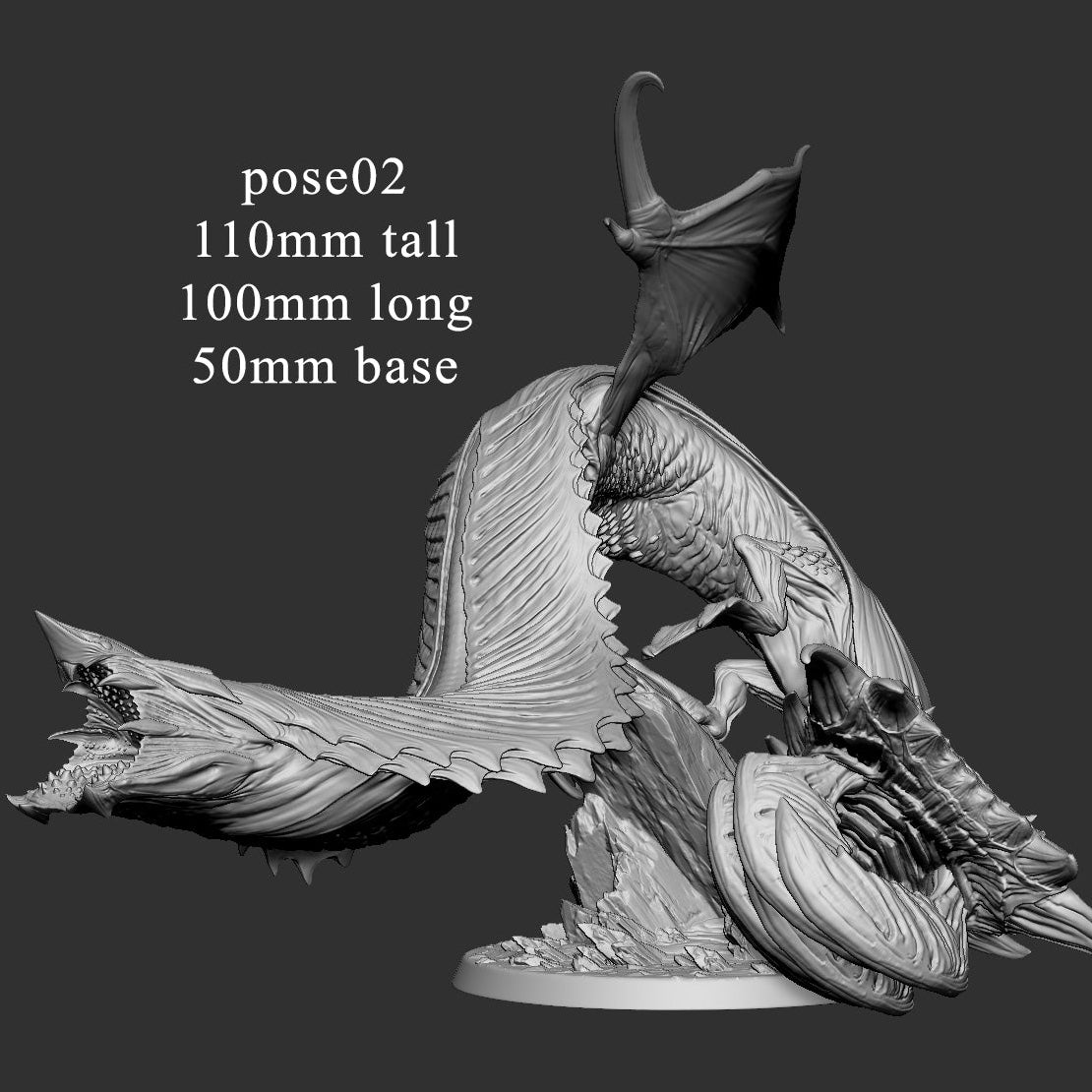 Dimension render for Elder Sky Serpent Pose 2 measuring 110mm tall and 100mm long on a 50mm base.